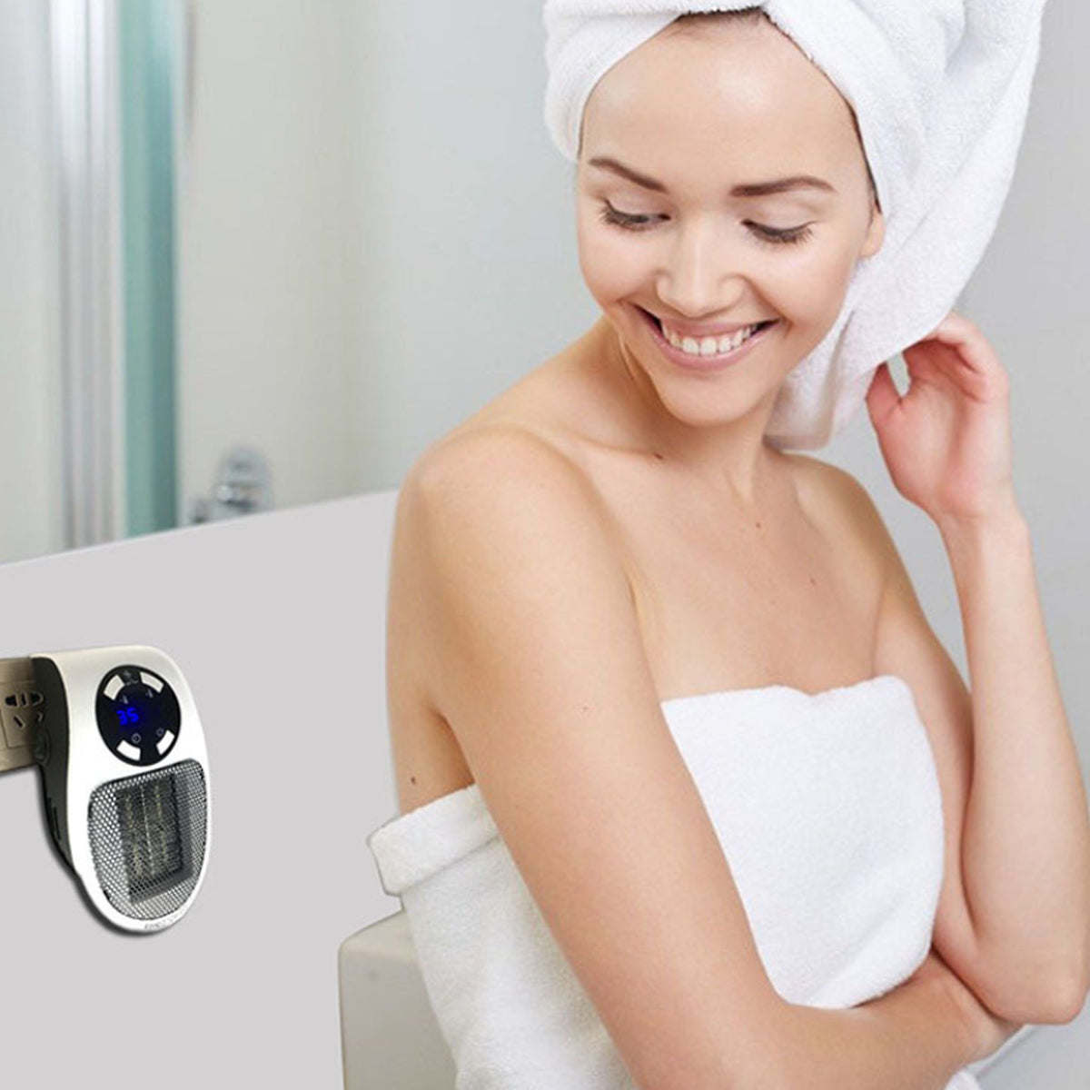 Advertisement image showing a smiling woman with a towel wrapped around her head, standing beside a Personal Space Mini Heat Blaster With Remote Control.