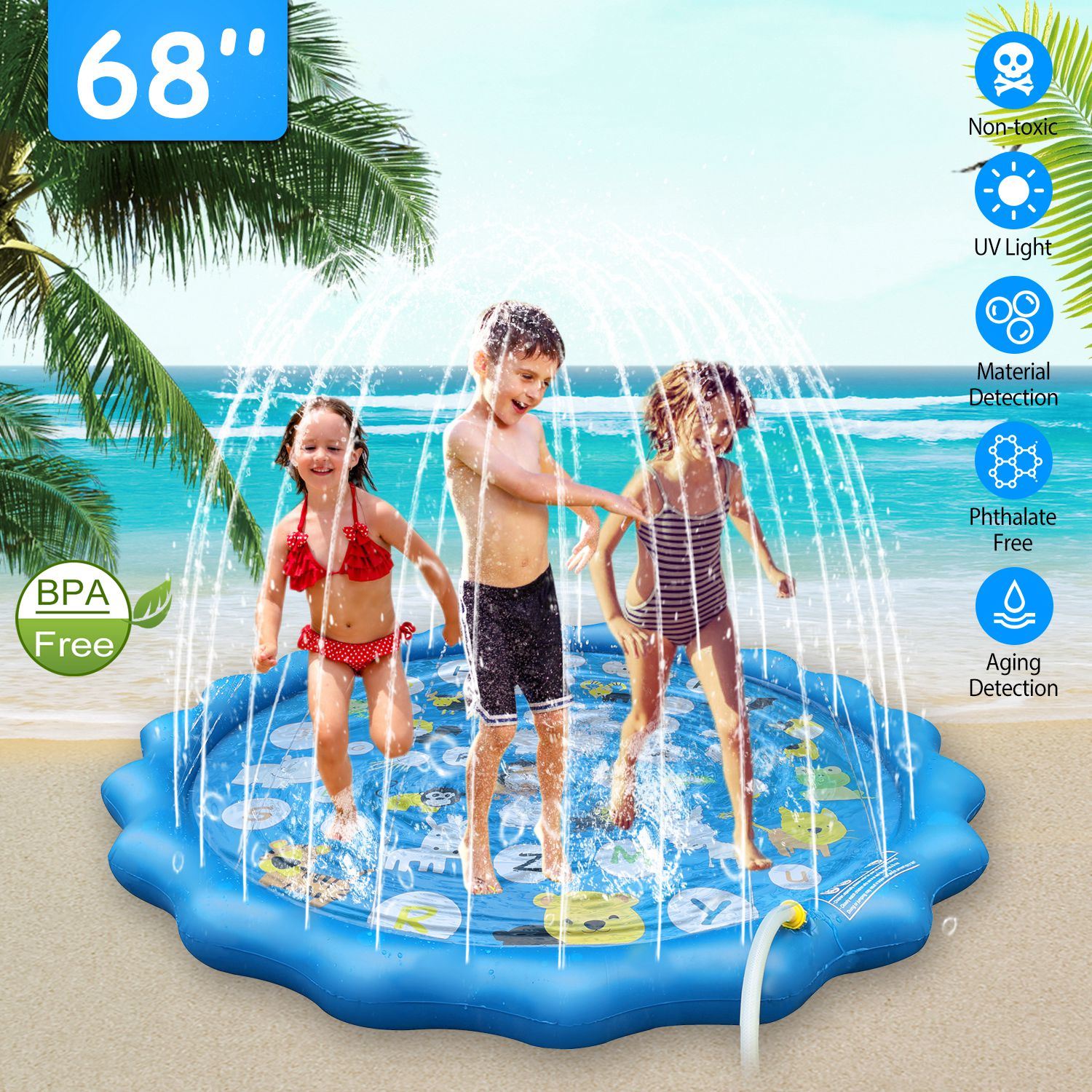 Three children playing joyfully in a Sprinkler Splash Pad For Kids 68IN Inflatable Blow Up Pool Sprinkle Play Mat Summer Outdoor Water Toys on a sandy beach, with overlay text highlighting product features.