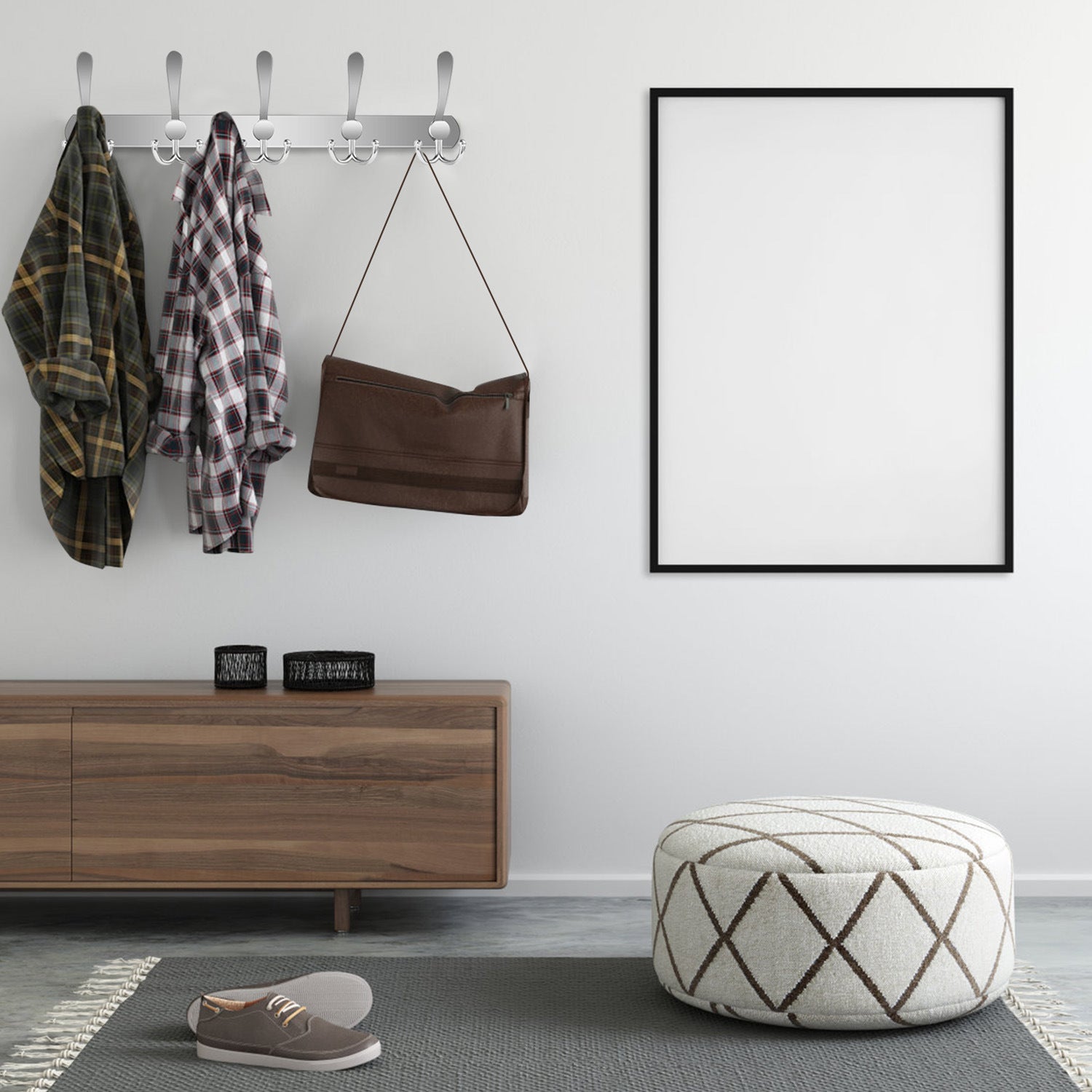 Wall Mount Coat Hook with fifteen stainless steel double hooks on a sleek, horizontal board, isolated on a white background.