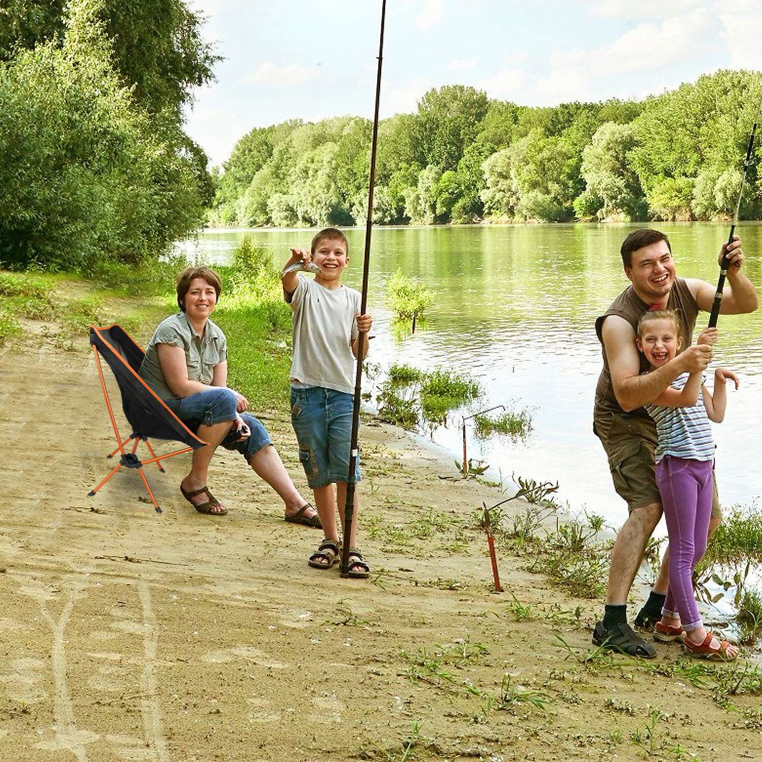 A lightweight and black Foldable Camping Chair Collapsible Ultra-light Camping Chair Backpacking Chair for Outdoor Camping Fishing BBQ Beach Picnic with a mesh backrest and storage pouches on a white background.