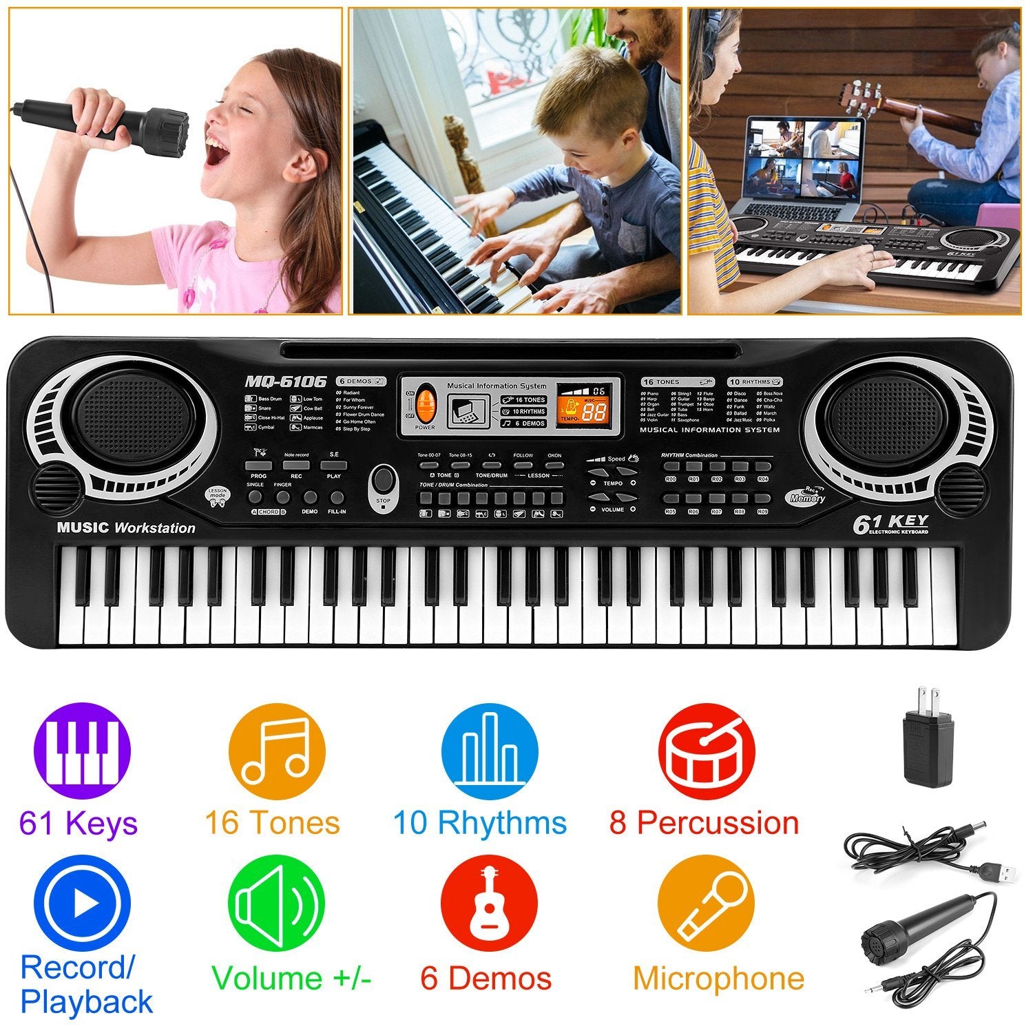 Collage of children playing musical instruments and a 61 Keys Digital Music Electronic Keyboard Electric Piano Musical Instrument Kids Learning Keyboard with features highlighted, including keys, tones, and accessories.