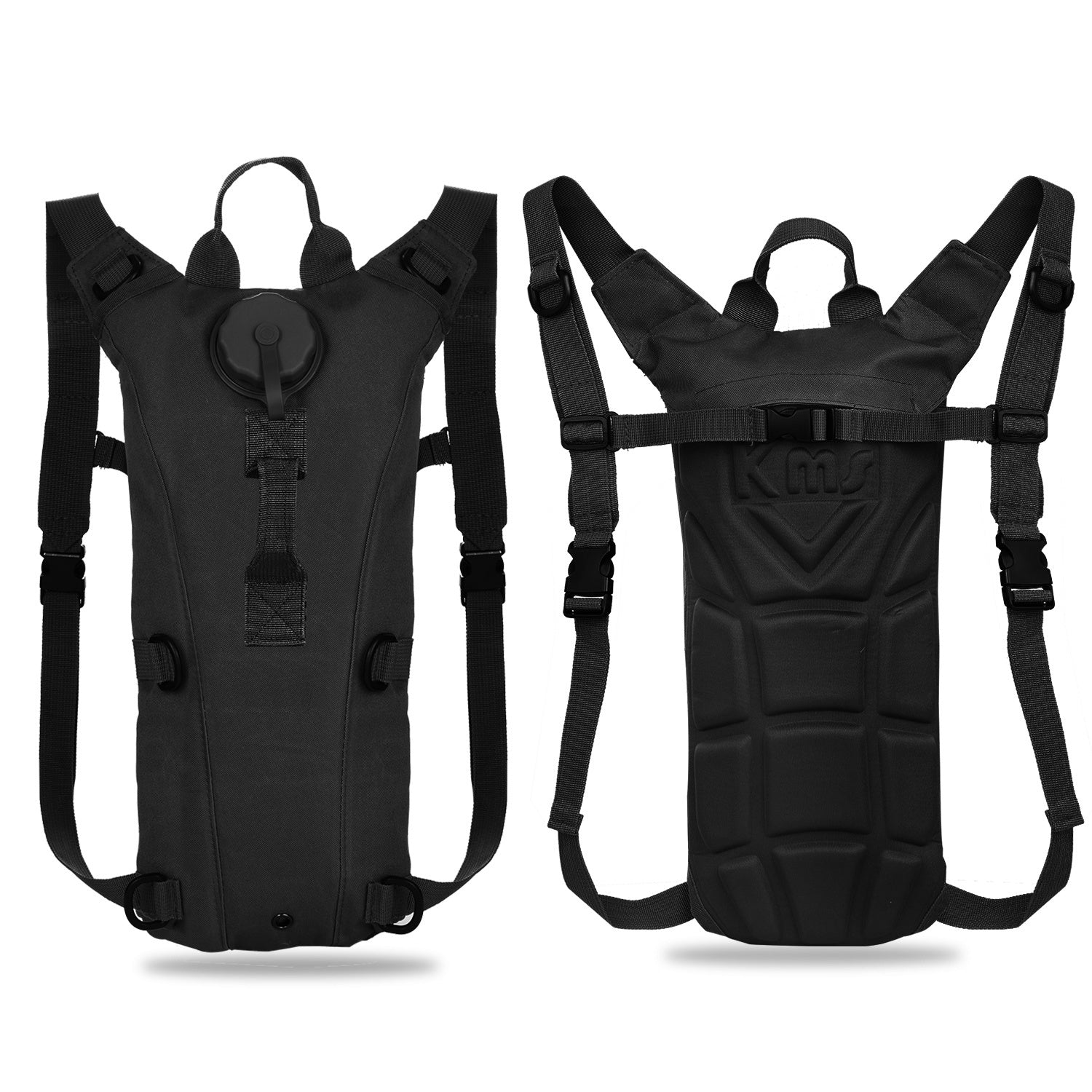 Tactical Hydration Pack suitable for running, cycling, and climbing. Includes water bladder, camo backpack, and icons indicating BPA-free material.