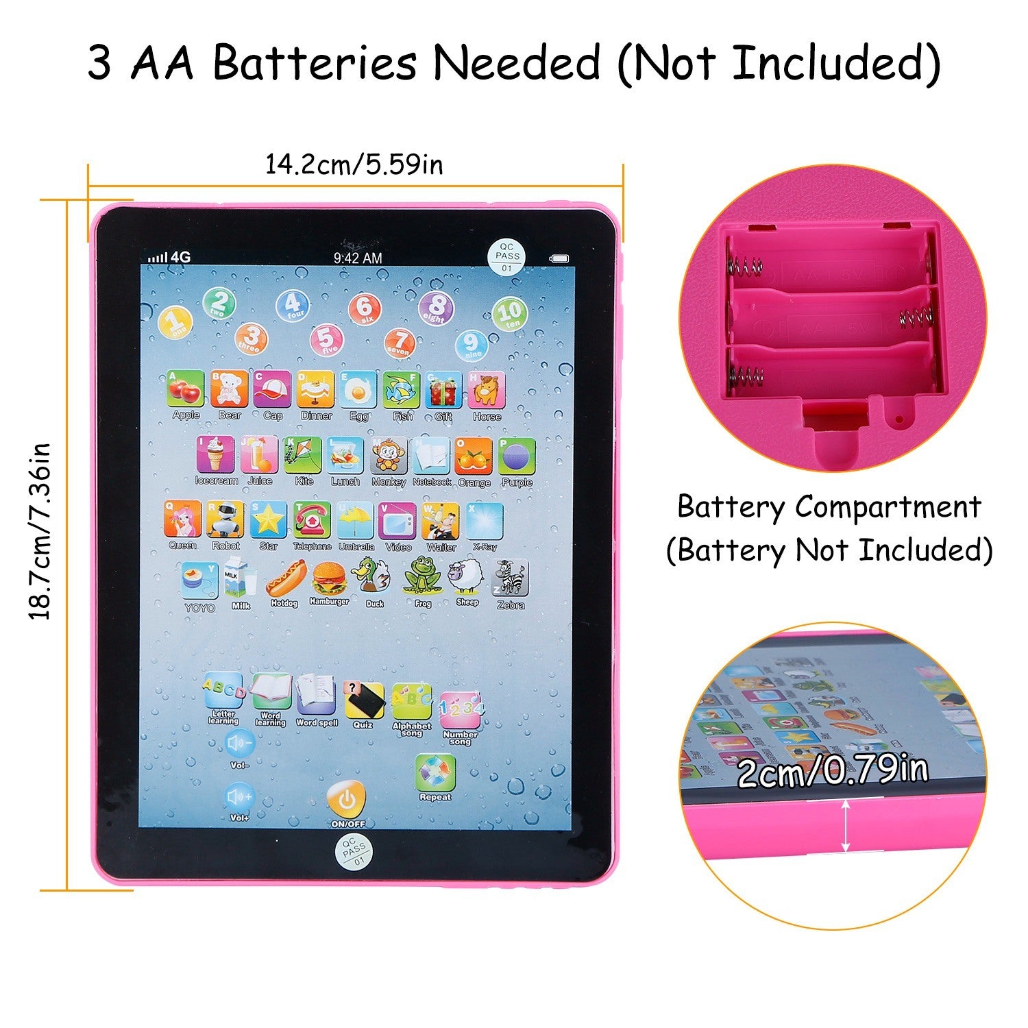 A young girl smiles while leaning on her arm next to an advertisement for a Baby Learning Tablet Educational Mini Pads Toys Touch Learn Toddler Tablet For ABC Numbers Words Gift, highlighting apps for kids aged 1-6.