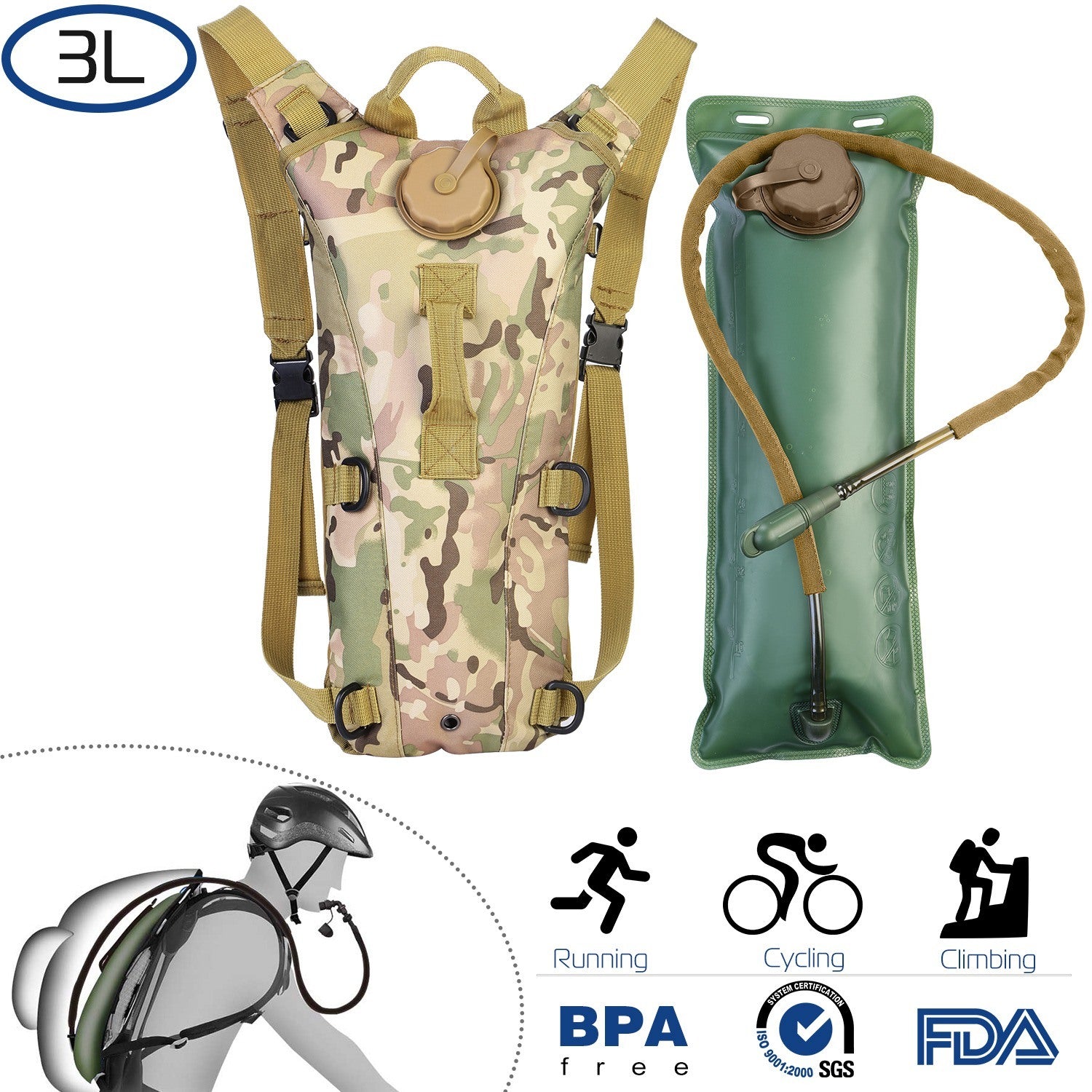 Tactical Hydration Pack suitable for running, cycling, and climbing. Includes water bladder, camo backpack, and icons indicating BPA-free material.