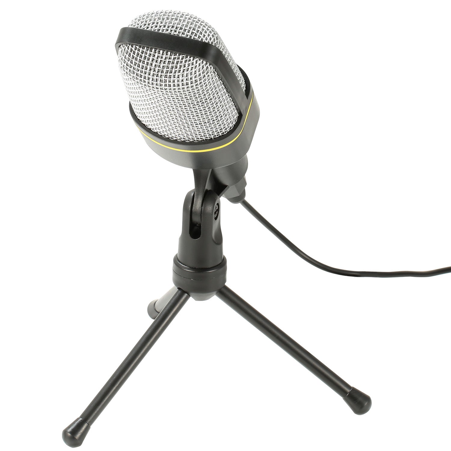 An Pro Condenser Microphone with Tripod Stand Audio Studio Recording Desktop Mic Flexible Mic on a small tripod stand, isolated on a white background.