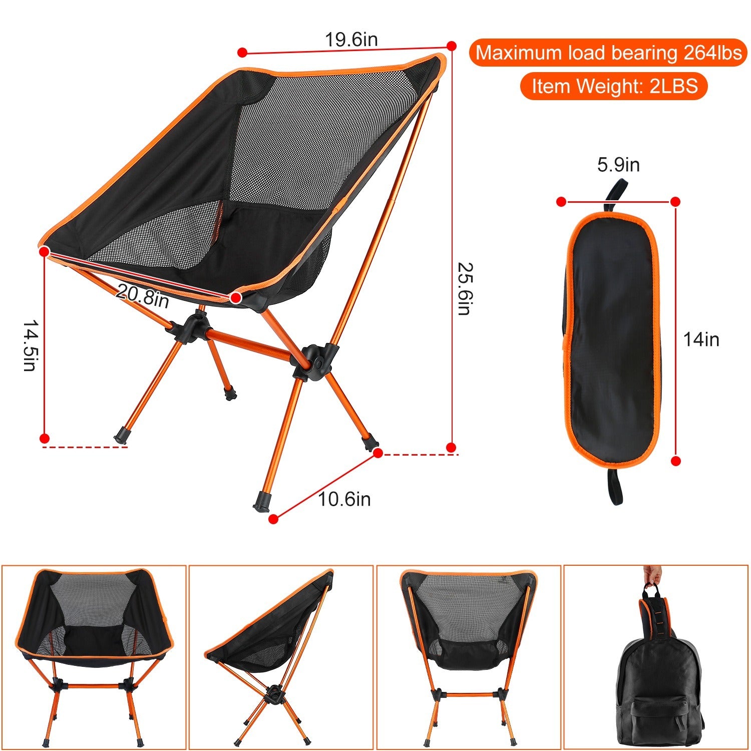 A lightweight and black Foldable Camping Chair Collapsible Ultra-light Camping Chair Backpacking Chair for Outdoor Camping Fishing BBQ Beach Picnic with a mesh backrest and storage pouches on a white background.