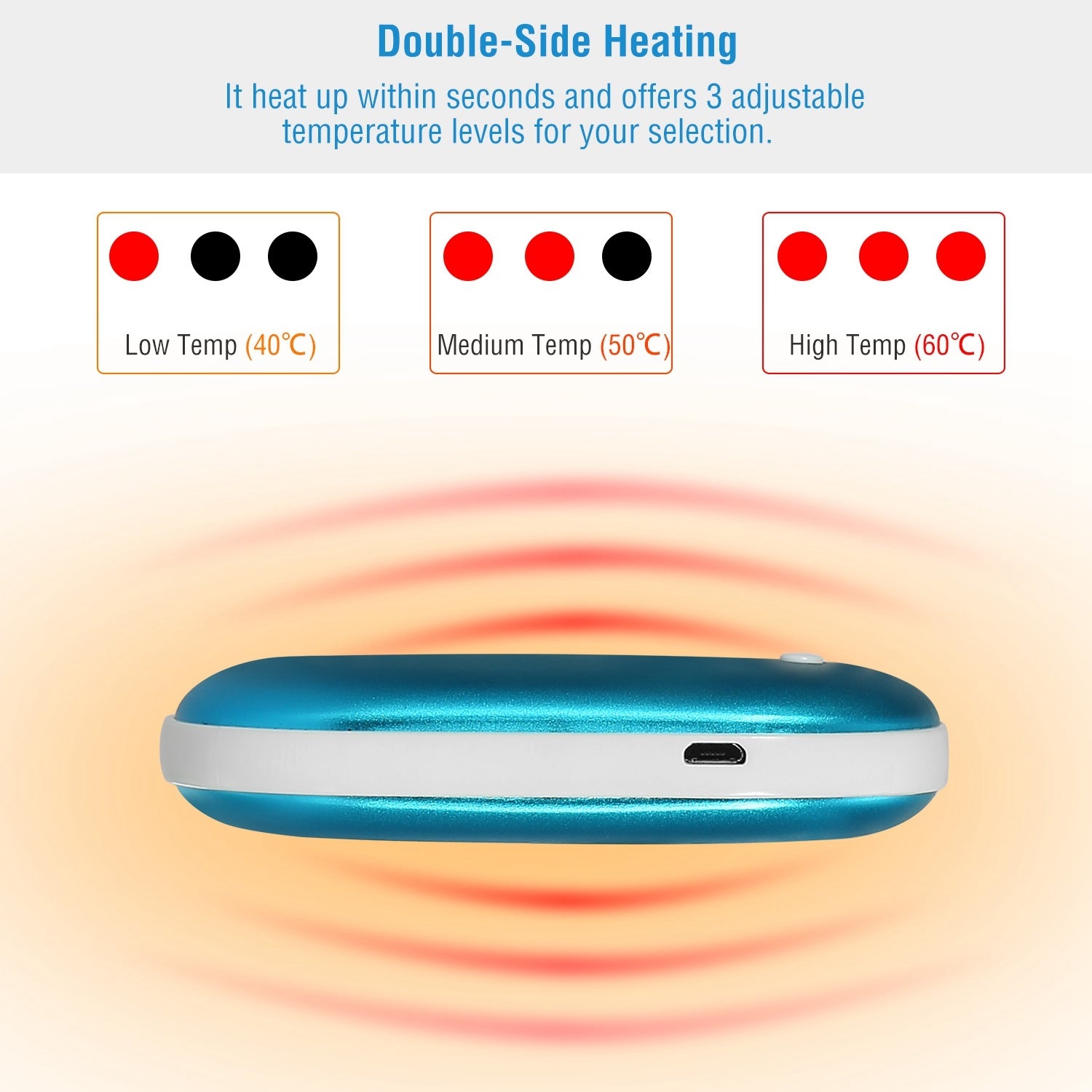 Silver Portable Hand Warmer 5000mAh Power Bank Rechargeable Pocket Warmer Double-Sided Heating Hand Warmer with a round power button, LED indicators, and a USB port on a white background.