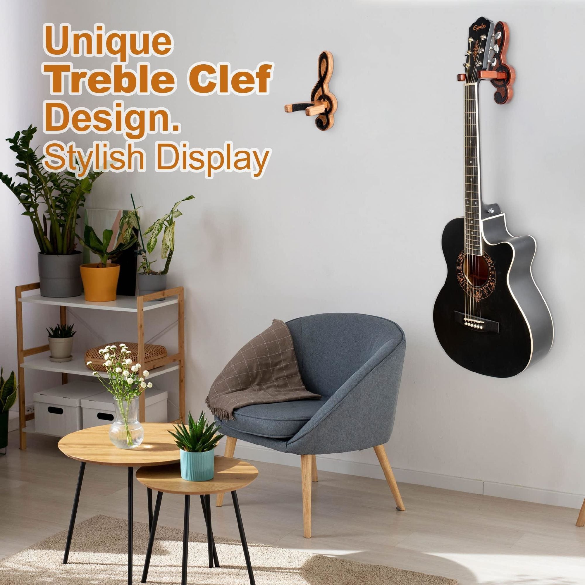 Sentence with the replaced product name: Guitar Holder Wall Mount Ash Wood Wooden Guitar Hanger Hook Stand Rack Guitar Hanger for Electric Classic Acoustic and Bass Guitar Musical Instruments Hardwood (Mahogany Musical key) with padded yoke, shown with a close-up of a guitar headstock attached to it.