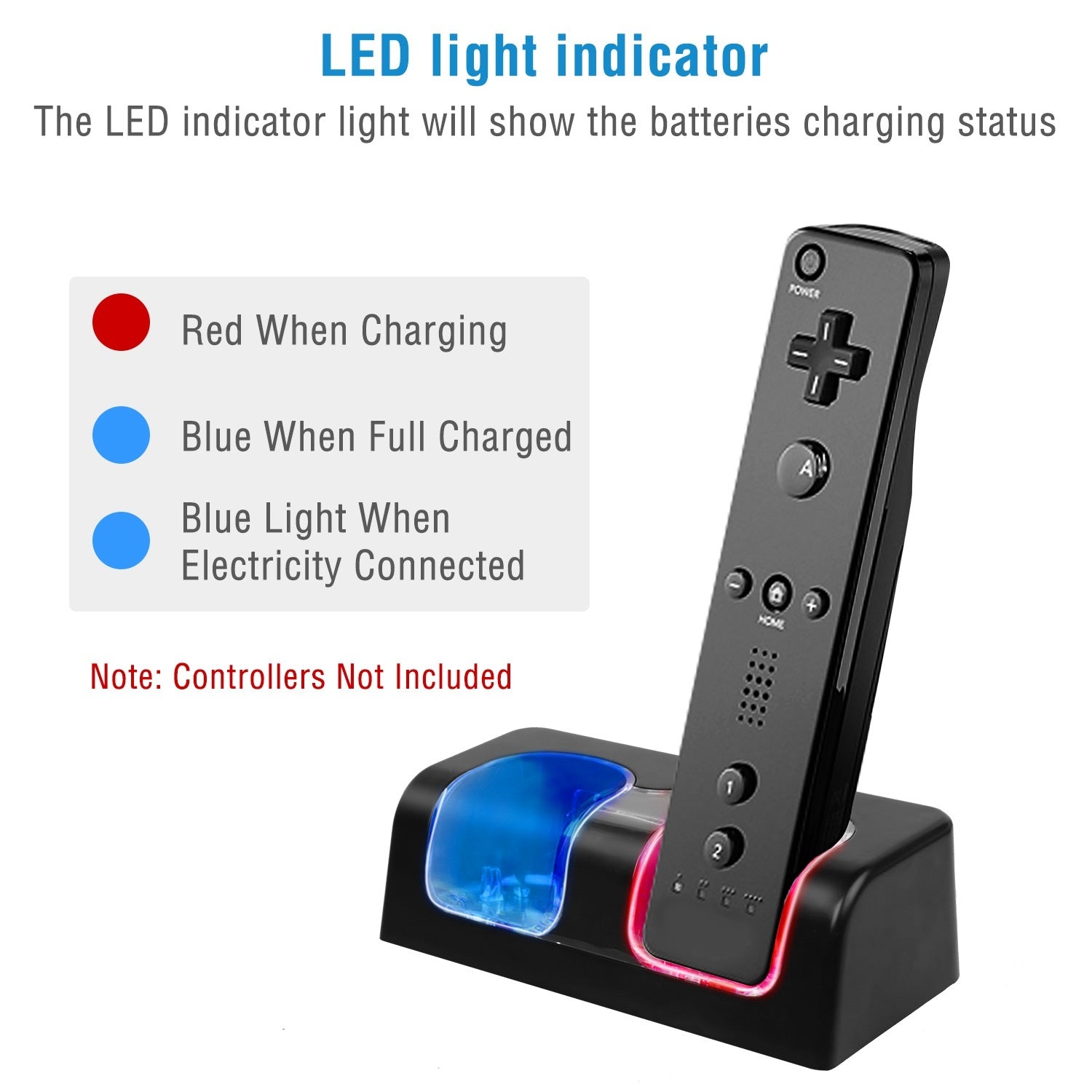 A For Wii Remote Controller Charger Dual Charge Dock with Two 2800mAh Rechargeable Batteries station for gaming controllers with rechargeable batteries, a USB cable, and safety feature icons displayed.