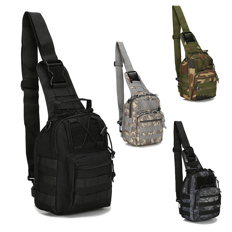 Five images of Tactical Sling Bags in different colors and camouflage patterns, displayed from various angles.
