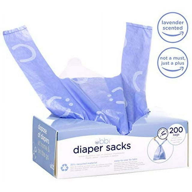 Box of Ubbi Diaper Sacks, Purple, 200 Ct. with two odor locking diaper pail bags pulled out, highlighting the features and design.