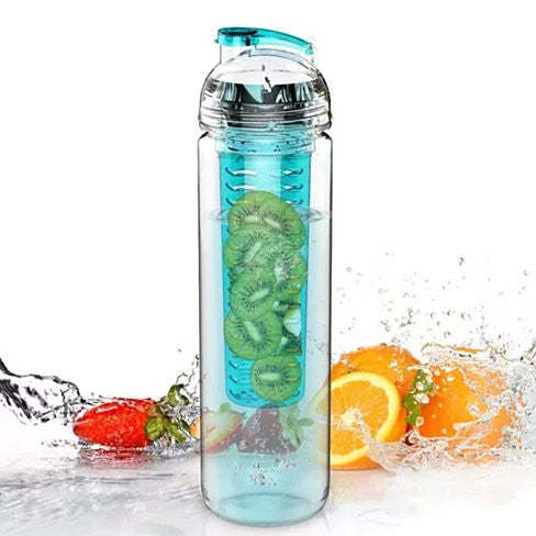 A Fruitcola Dome Fruit Infuser Water Bottle with a built-in fruit infuser, surrounded by fresh strawberries, kiwi, lemon, and mint leaves.