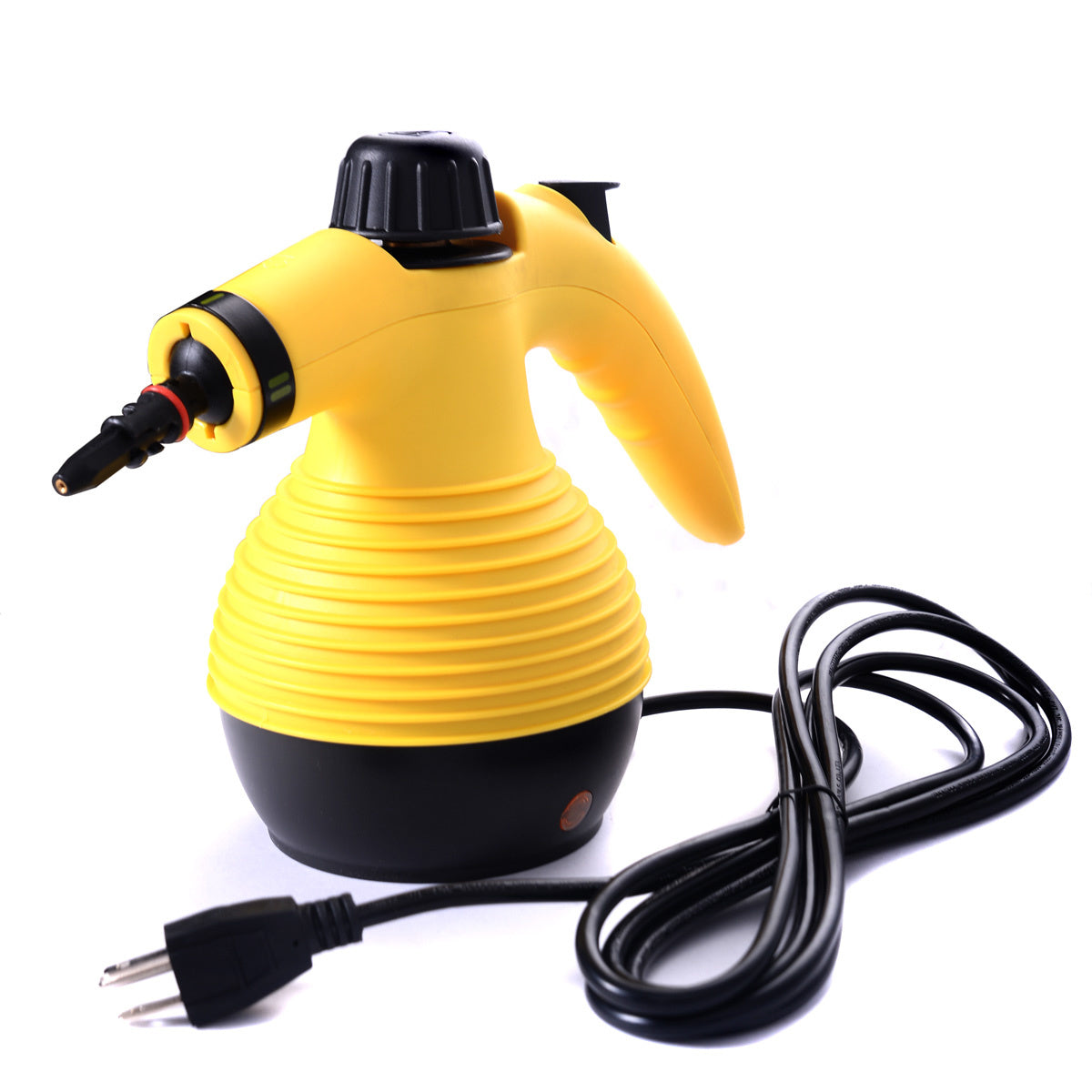 Yellow Handheld Pressurized Steam Cleaner with 9-Piece Accessory Set, Multifunctional Steam Cleaning for Car, Home, Bedroom, Chemical-Free XH being used next to a sink, with an inset image displaying its various attachments and storage bag.