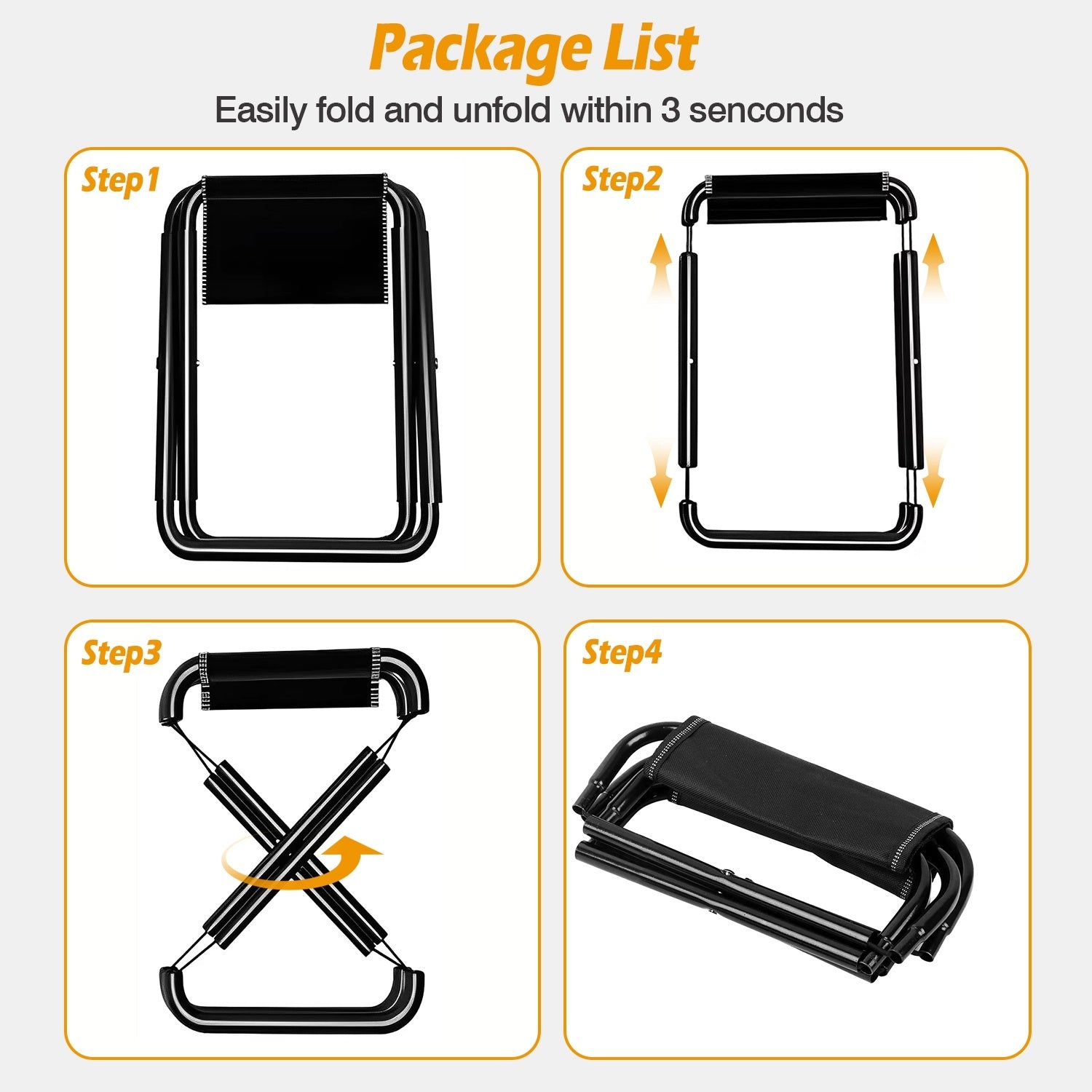 Foldable Camping Stool Portable Travel Chair with a tubular metal frame and a durable fabric seat, isolated on a white background.