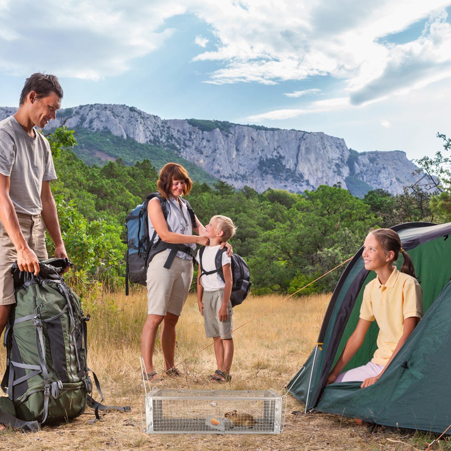 A rat approaching a Dual Door Rat Trap Cage Humane Live Rodent Dense Mesh Trap Cage Zinc Electroplating Mice Mouse Control Bait Catch with 2 Detachable U Shaped Rod, on a plain white background.