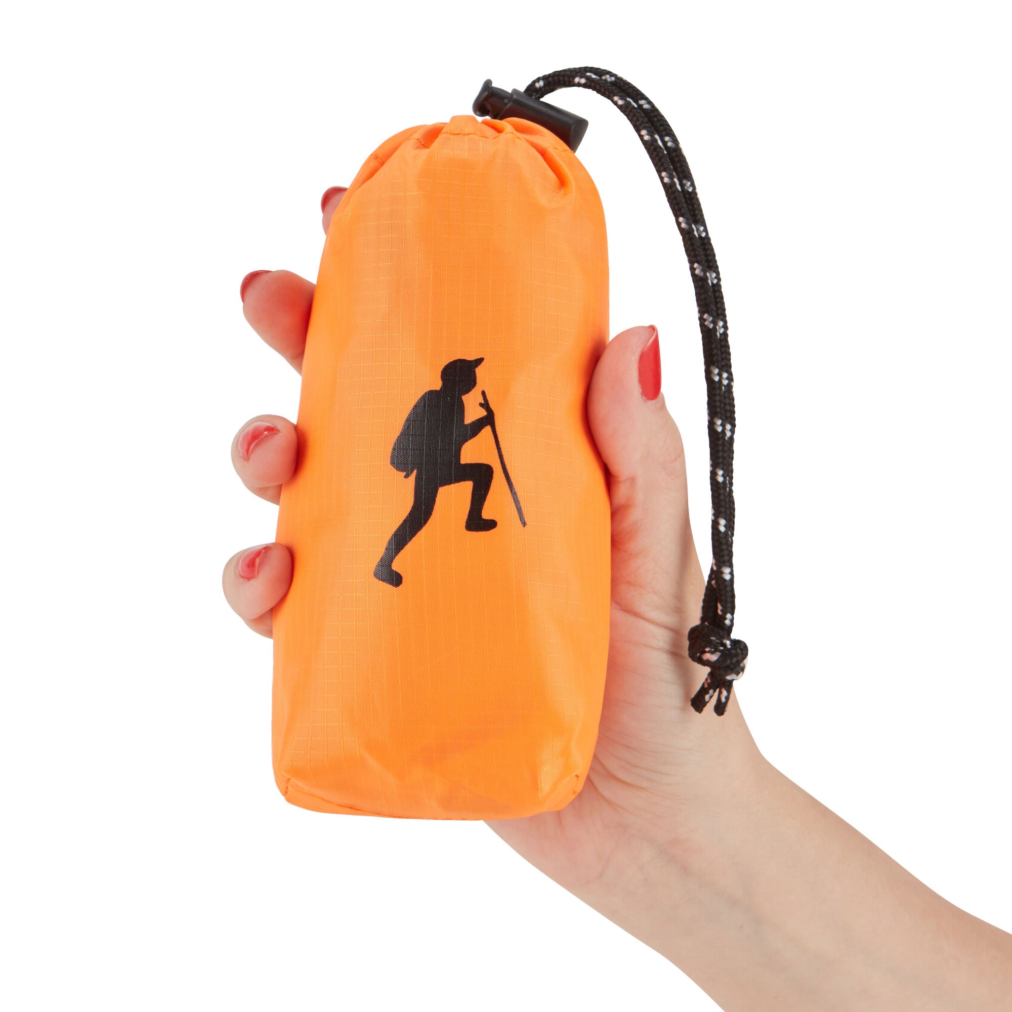 A hand holding a small, black HIKE Back- Folding Backpack with a white hiker icon printed on it, isolated against a white background.