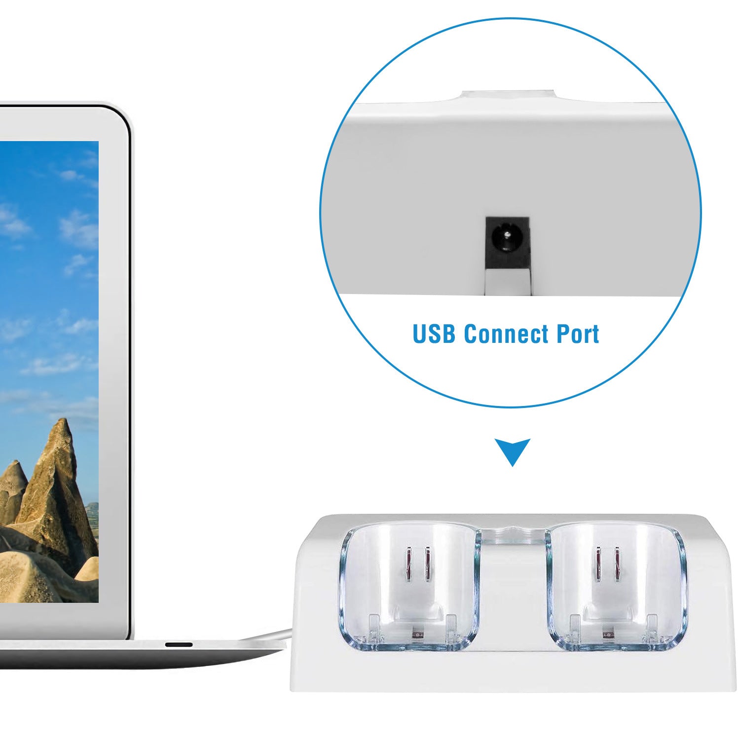 A For Wii Remote Controller Charger Dual Charge Dock with Two 2800mAh Rechargeable Batteries station for gaming controllers with rechargeable batteries, a USB cable, and safety feature icons displayed.