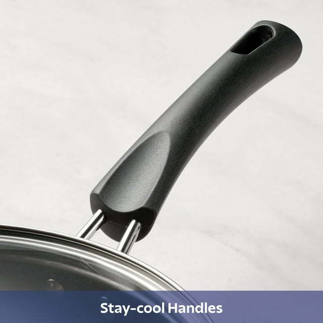 A set of new 9-Piece Non-Stick Cookware Set including two pots, a saucepan, and two frying pans, all with tempered glass lids and black handles, arranged on a white background.