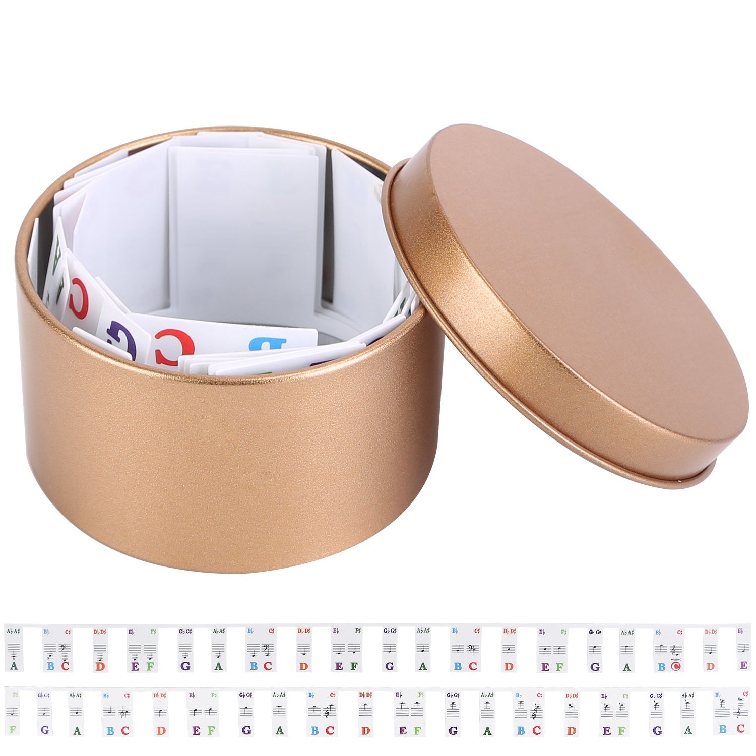 Piano Keyboard Stickers Removable Piano Key Labels PVC Piano Notes Guide without Glue for Beginners Kids with musical notes and corresponding letters, displayed in a loop beside a small round container with a metallic lid.