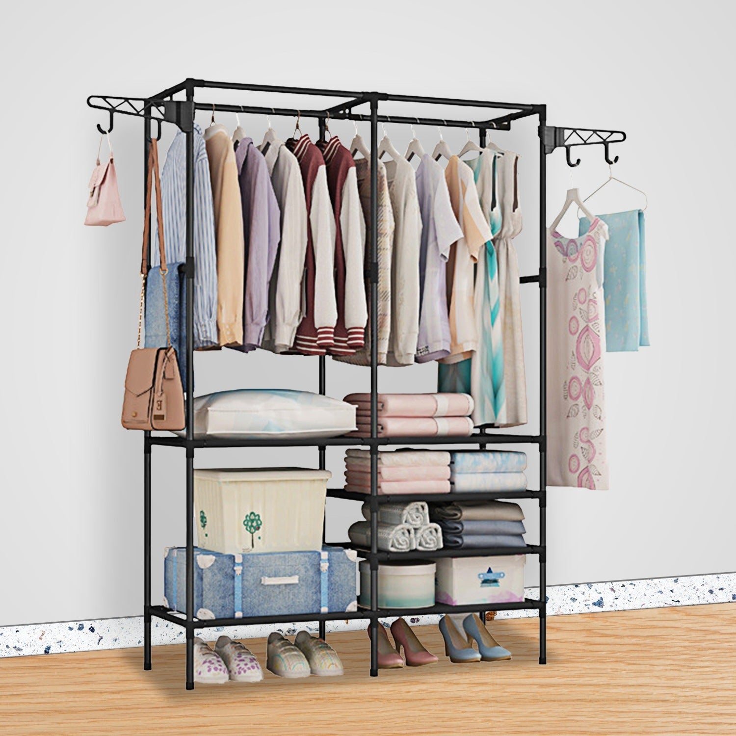 Black Metal Garment Rack Shoe Clothing Organizer Shelves Freestanding Multifunctional Clothes Wardrobe with multiple shelves and hanging bars, featuring additional hooks on the top side for extra storage.