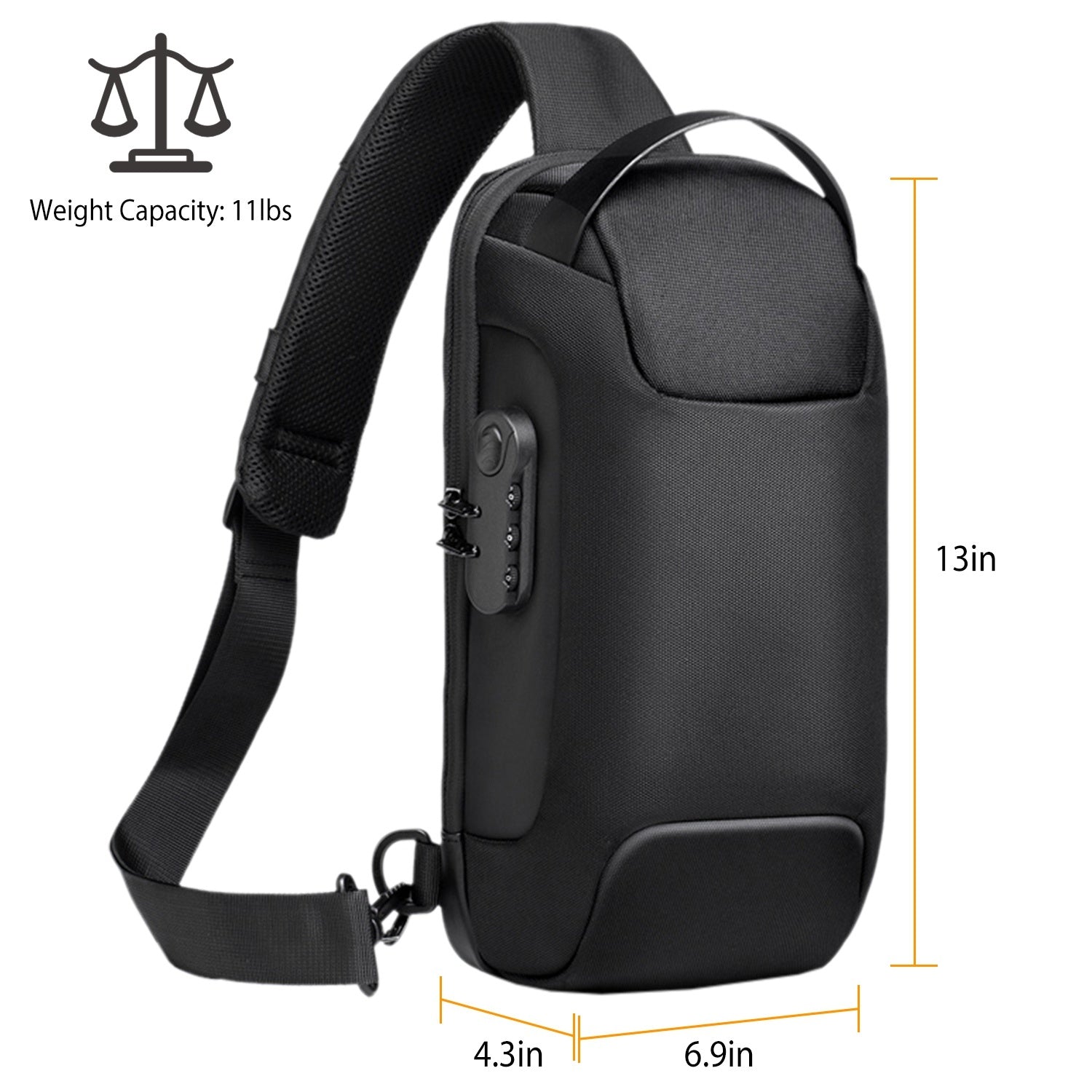 A Men's Sling Backpack Waterproof Anti-theft Shoulder Crossbody Chest Bag Messenger Sling Bag Daypack with USB Charging Port, featuring a smooth outer surface and an adjustable shoulder strap, isolated on a white background.