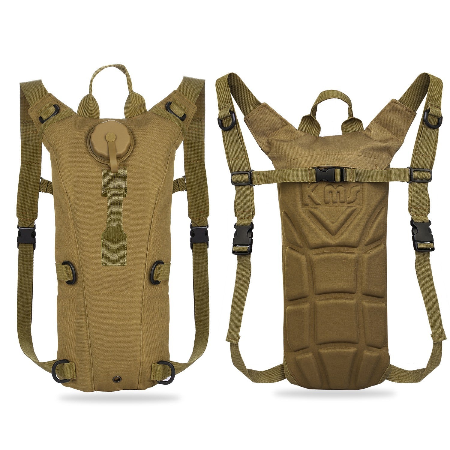 Tactical Hydration Pack suitable for running, cycling, and climbing. Includes water bladder, camo backpack, and icons indicating BPA-free material.
