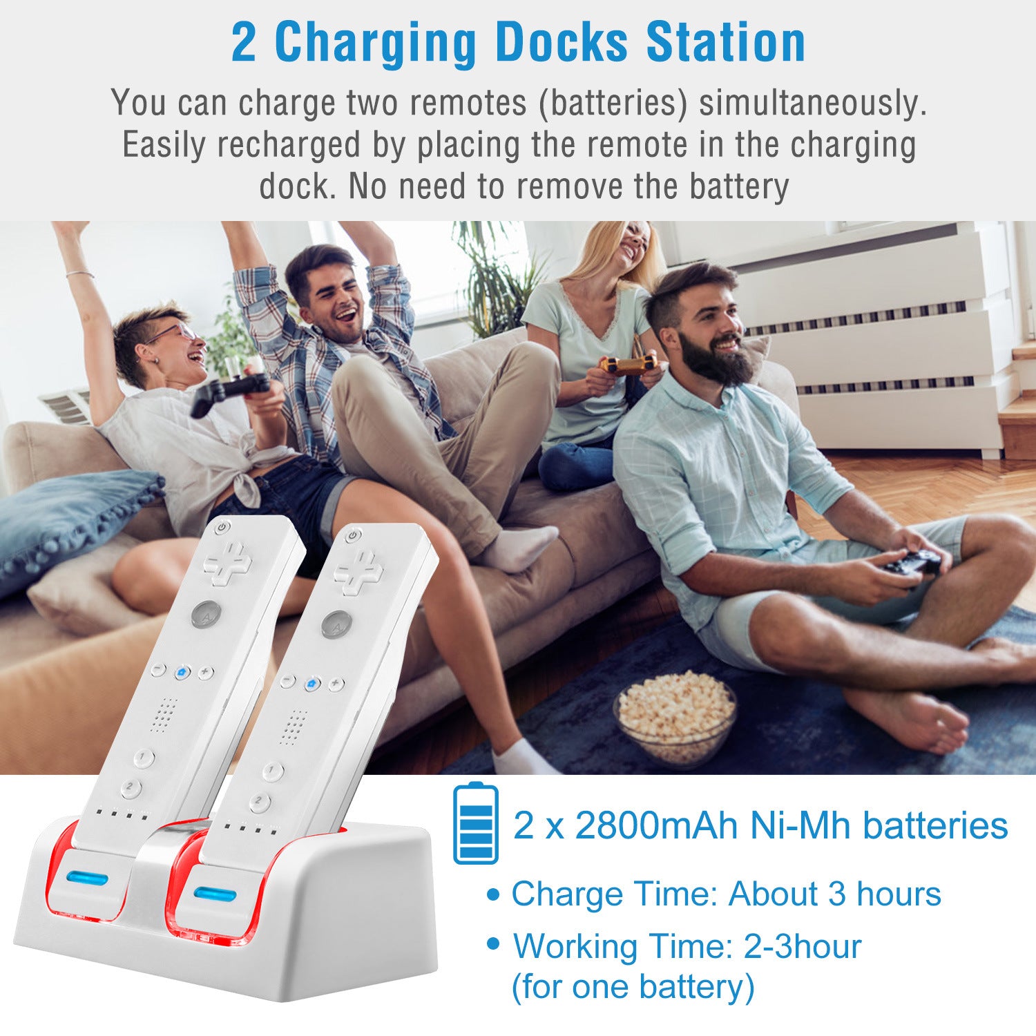 A For Wii Remote Controller Charger Dual Charge Dock with Two 2800mAh Rechargeable Batteries station for gaming controllers with rechargeable batteries, a USB cable, and safety feature icons displayed.