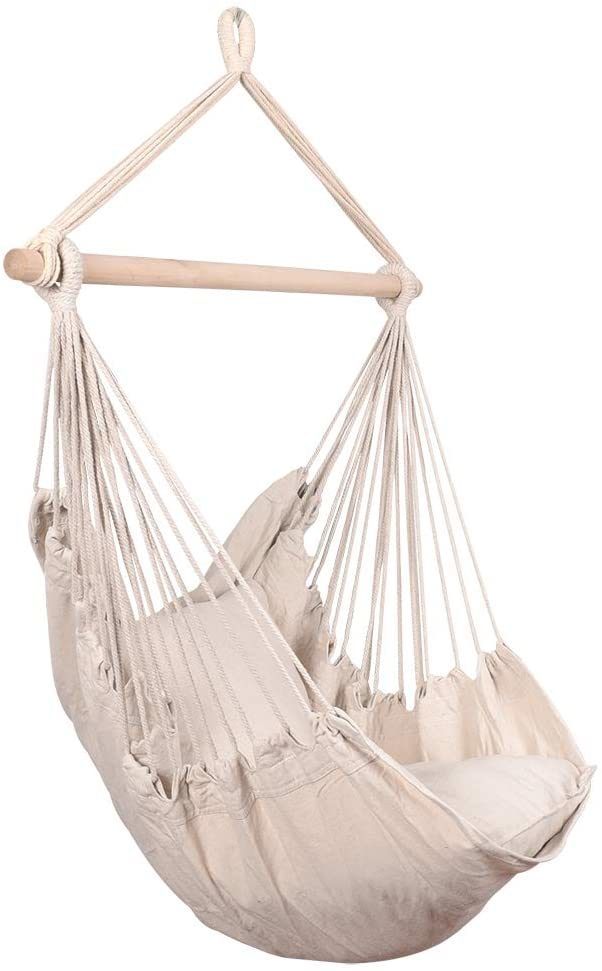 A beige canvas Hammocks Hanging Rope Hammock Chair Swing Seat with Two Seat Cushions and Carrying Bag, displayed against a white background, includes a side view showing the chair rolled up.