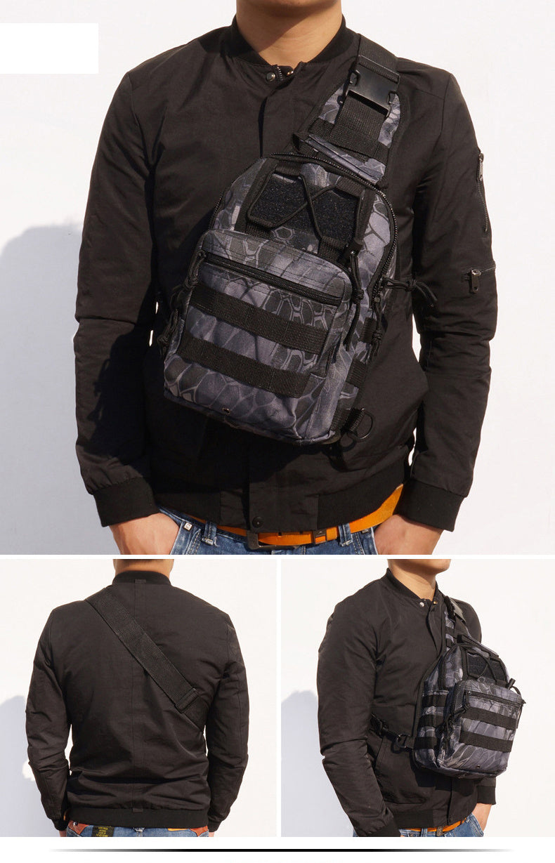 Five images of Tactical Sling Bags in different colors and camouflage patterns, displayed from various angles.