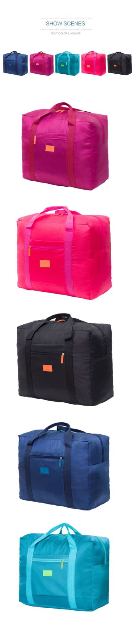 A person holding a turquoise Weekend Travel Bag next to a pink suitcase, standing on a tiled floor, wearing denim shorts and patterned shoes.