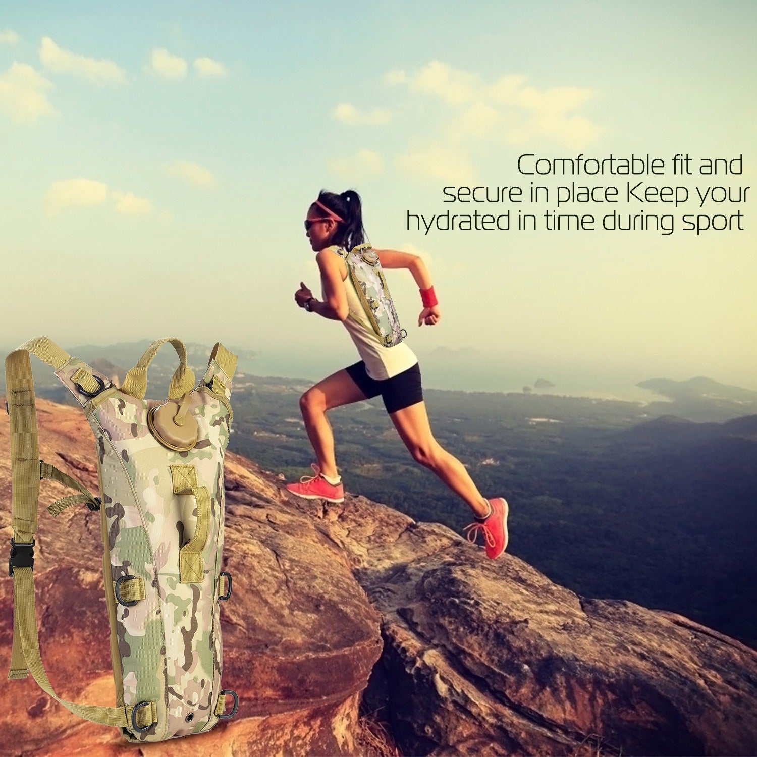 Tactical Hydration Pack suitable for running, cycling, and climbing. Includes water bladder, camo backpack, and icons indicating BPA-free material.