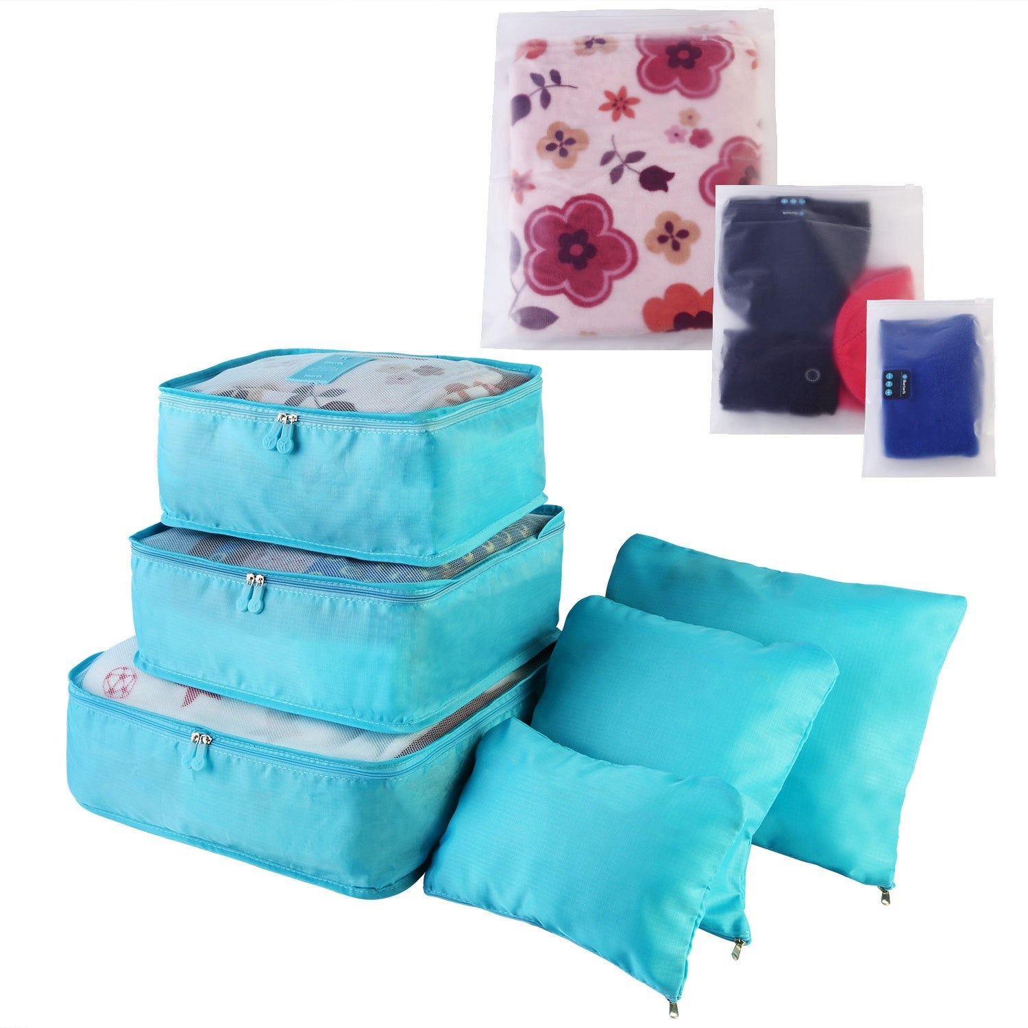 Set of four 9Pcs Clothes Storage Bags Water-Resistant Travel Luggage Organizer Clothing Packing Cubes of varying sizes with clothing items, displayed next to a folded floral blouse, all on a white background.
