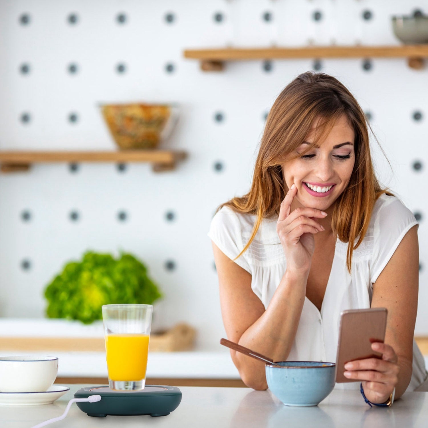 A pink Electric Coffee Mug Warmer for Desk Auto Shut off USB Tea Milk Beverage Cup 3 Temperature Setting with a digital display showing the temperature at 55 degrees Celsius and auto off feature.