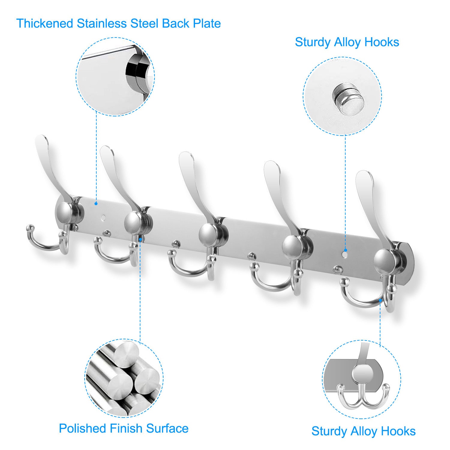 Wall Mount Coat Hook with fifteen stainless steel double hooks on a sleek, horizontal board, isolated on a white background.