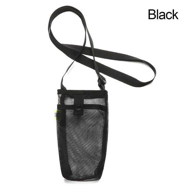 Black mesh Water and Phone bag with a shoulder strap and a blue water bottle partially visible at the top.