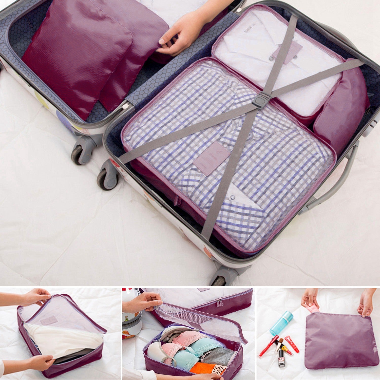 Set of four 9Pcs Clothes Storage Bags Water-Resistant Travel Luggage Organizer Clothing Packing Cubes of varying sizes with clothing items, displayed next to a folded floral blouse, all on a white background.