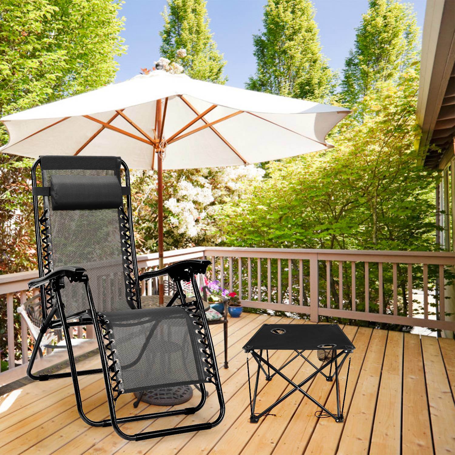 Portable black camping chair with two cup holders, made from sturdy 600D Oxford fabric, shown both set up and folded inside a carry bag.