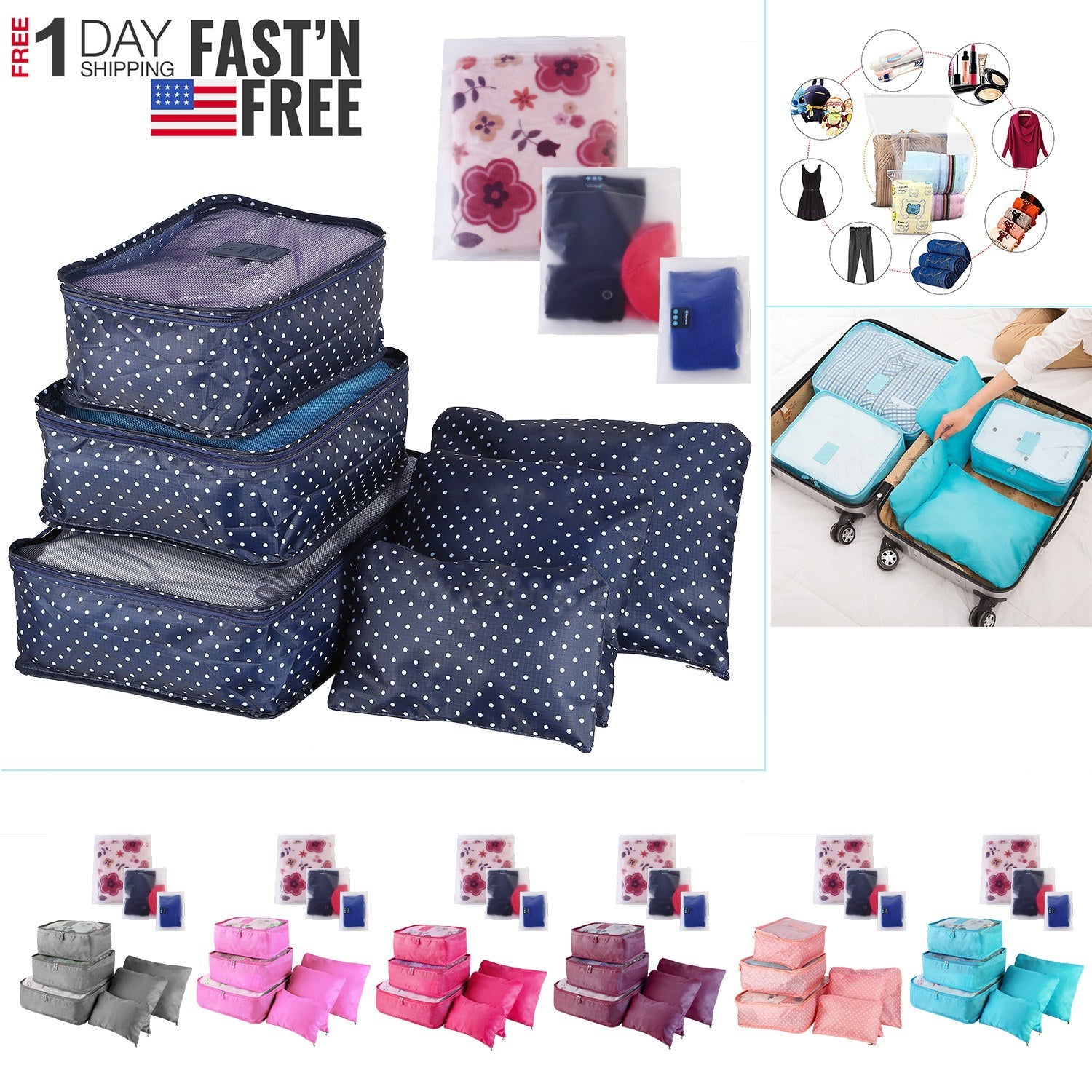 Set of four 9Pcs Clothes Storage Bags Water-Resistant Travel Luggage Organizer Clothing Packing Cubes of varying sizes with clothing items, displayed next to a folded floral blouse, all on a white background.