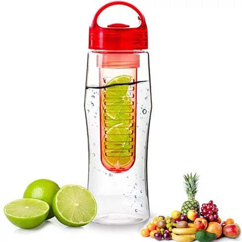 Fruitzola JAMMER Fruit Infuser water bottle with orange slices inside, surrounded by whole and halved oranges and assorted berries on a white background.