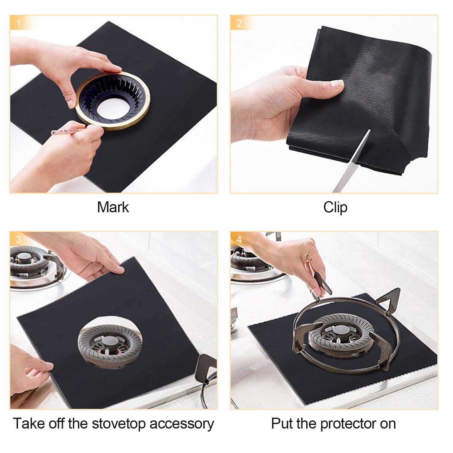A stack of 4-Pack Reusable Nonstick Stovetop Burner Protector Liner papers with a white circle and crossing lines symbol in the center of the top sheet, treated with a PTFE coating.