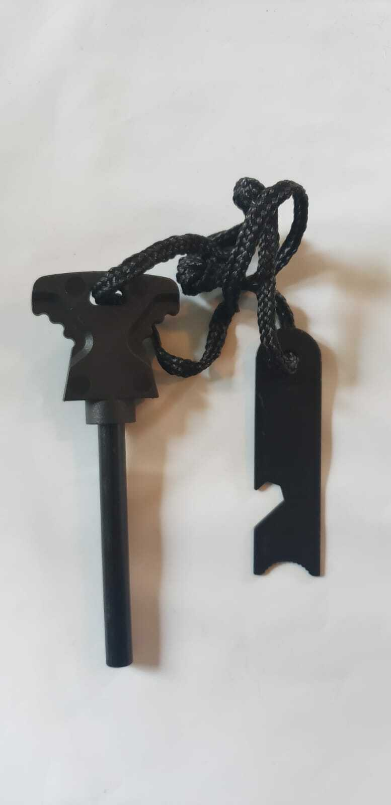 A multifunctional black emergency survival tool kit with a built-in Fire Starter Flint Steel Striker Ferro Rod Waterproof Firesteel Camping Lighter and ruler, displayed against a concrete background, with an inset image showing its fire-starting capability.