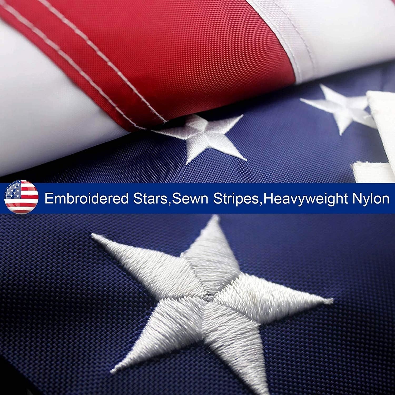 An American Flag 5x8 ft with a unique design, featuring a single large star replacing the usual field of 50 stars, against the standard thirteen red and white stripes. The star is intricately embroidered, showcasing detailed craftsmanship.