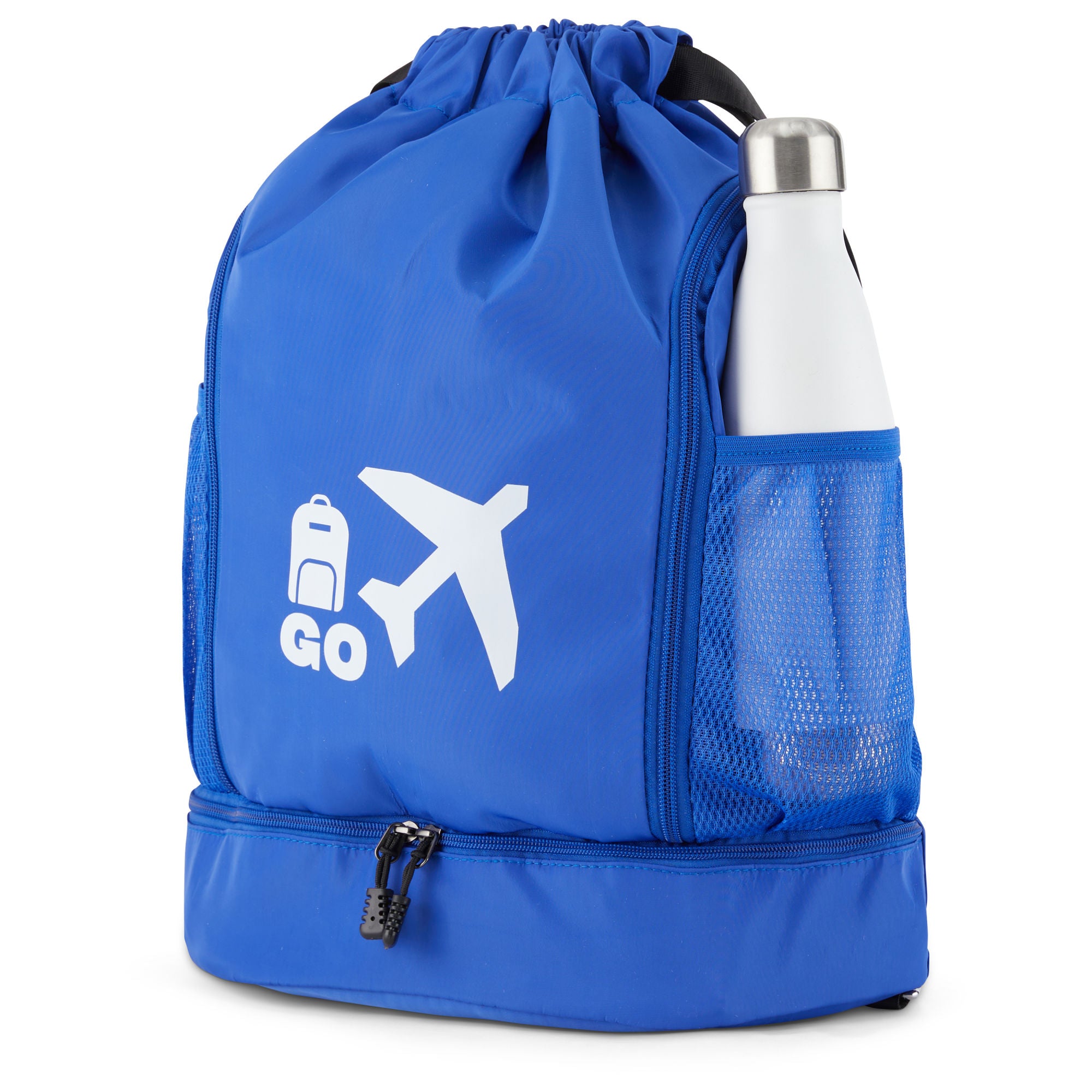 Clarissa GO Bag with a white airplane and suitcase icon, featuring an external pocket and a purple smartphone in a side holder.