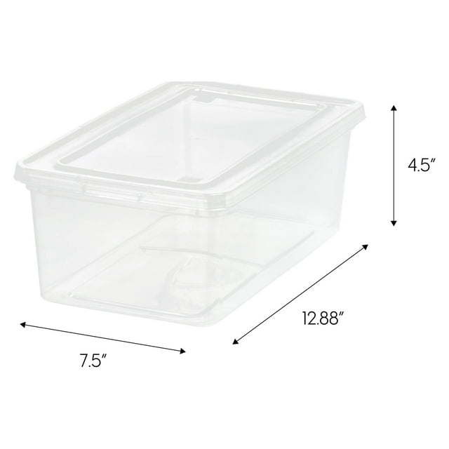 5 Qt. (1.25 gal.) Small Stackable Plastic Closet Storage Boxes filled with various items like toys, clothes, and office supplies.