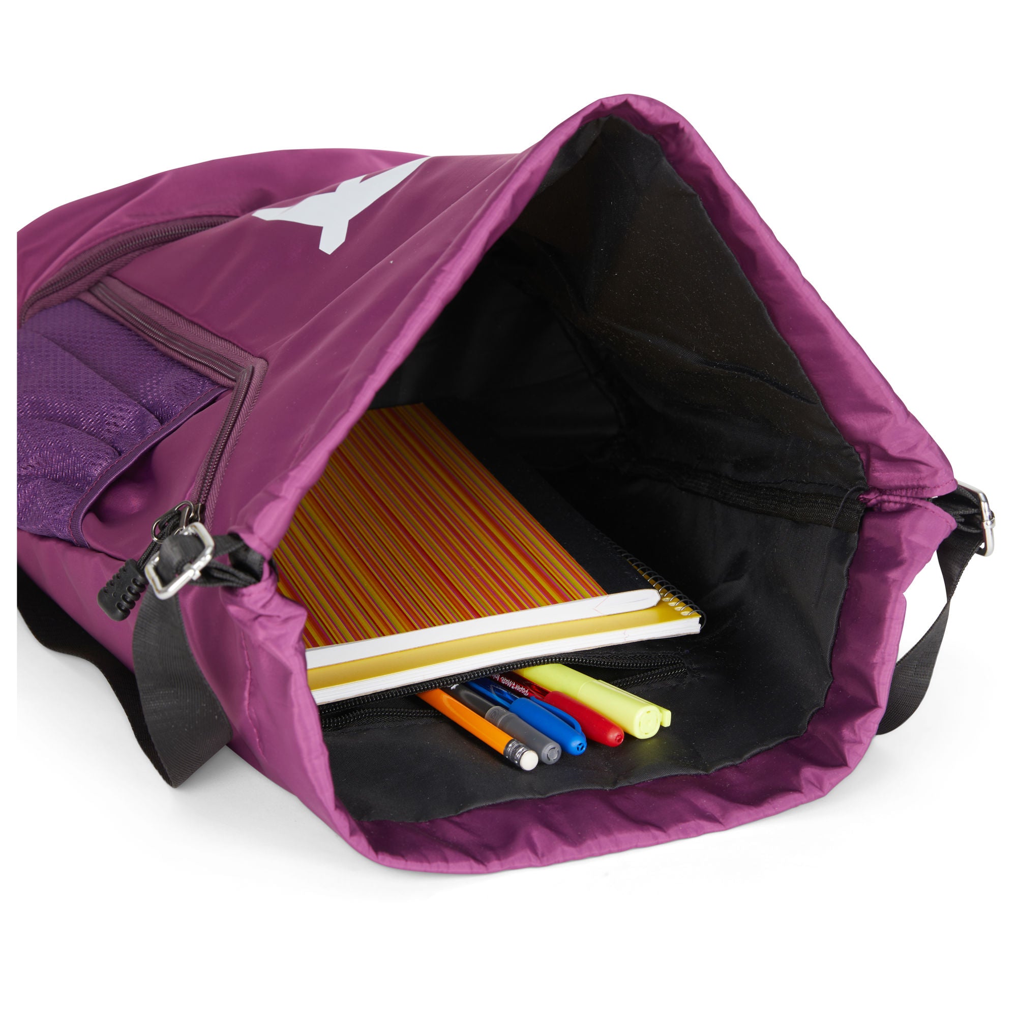 Clarissa GO Bag with a white airplane and suitcase icon, featuring an external pocket and a purple smartphone in a side holder.