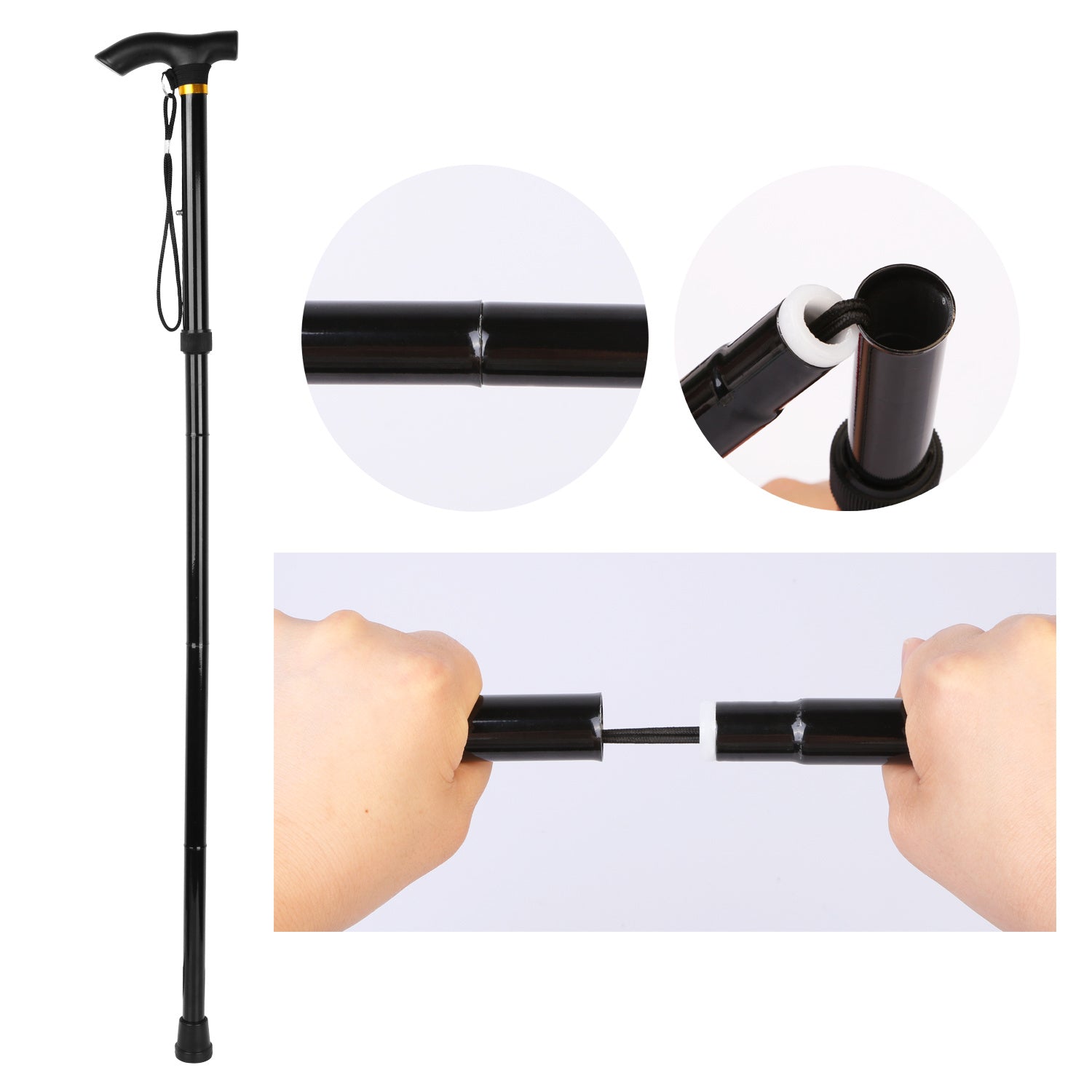Red Walking Cane Aluminum Alloy Walking Stick Adjustable Folding Travel Hiking Stick extended and folded, isolated on a white background.
