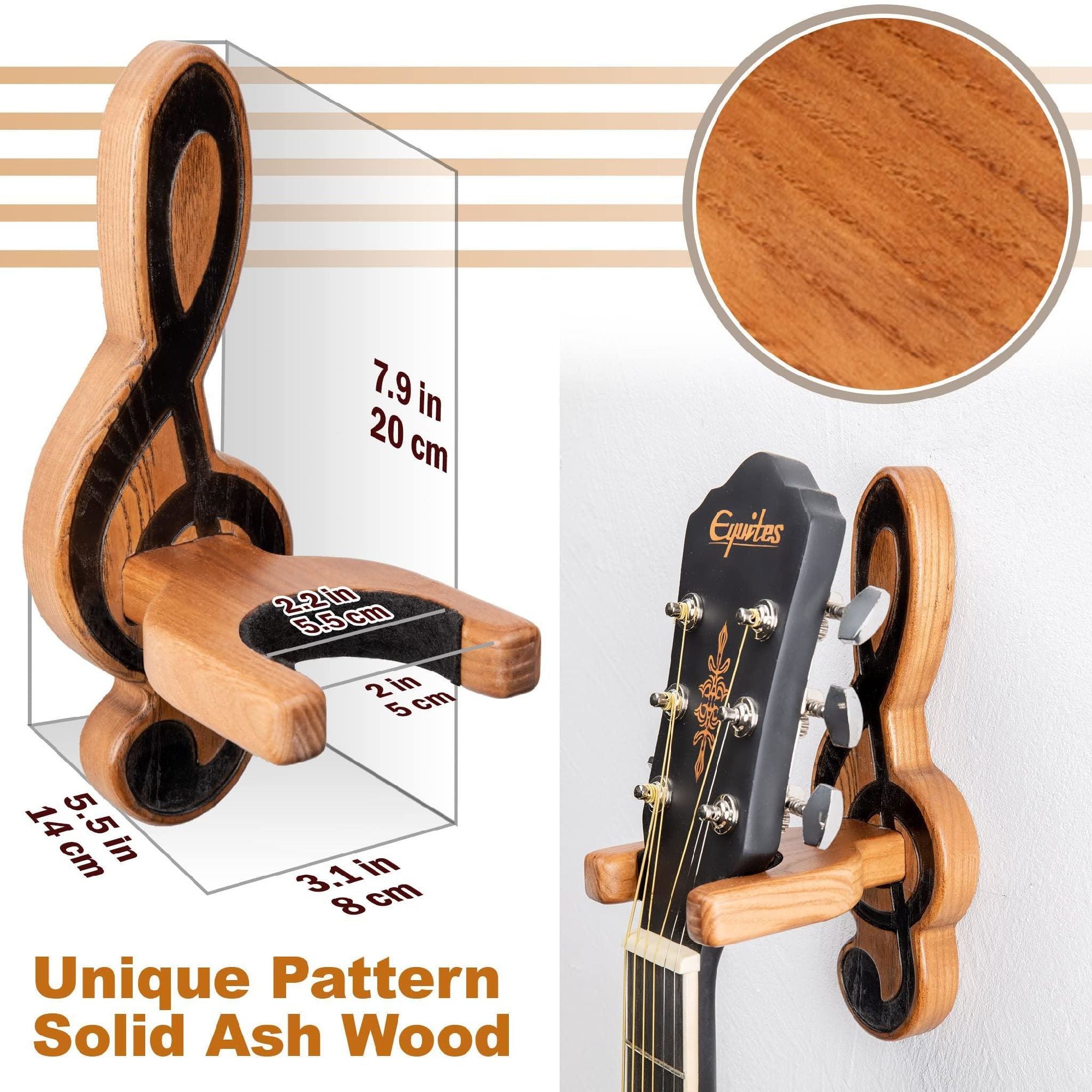 TESLYAR Guitar Holder Wall Mount Ash Wood Wooden Guitar Hanger Hook Stand Rack holding an acoustic guitar headstock, isolated on a white background.