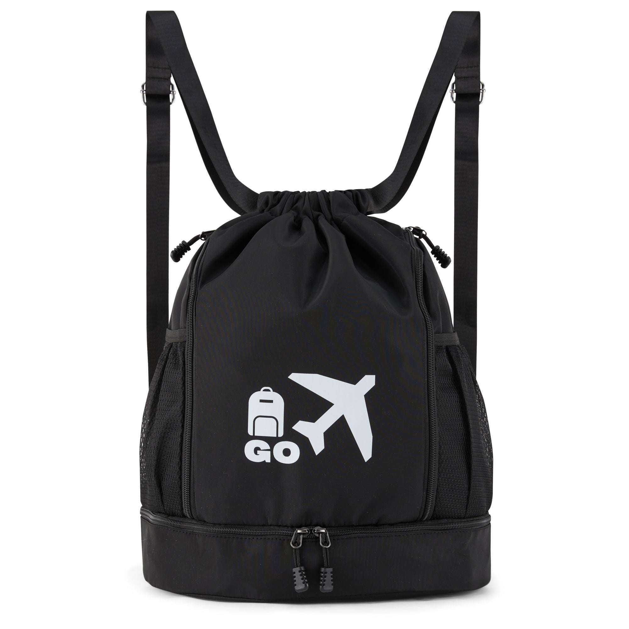 Clarissa GO Bag with a white airplane and suitcase icon, featuring an external pocket and a purple smartphone in a side holder.