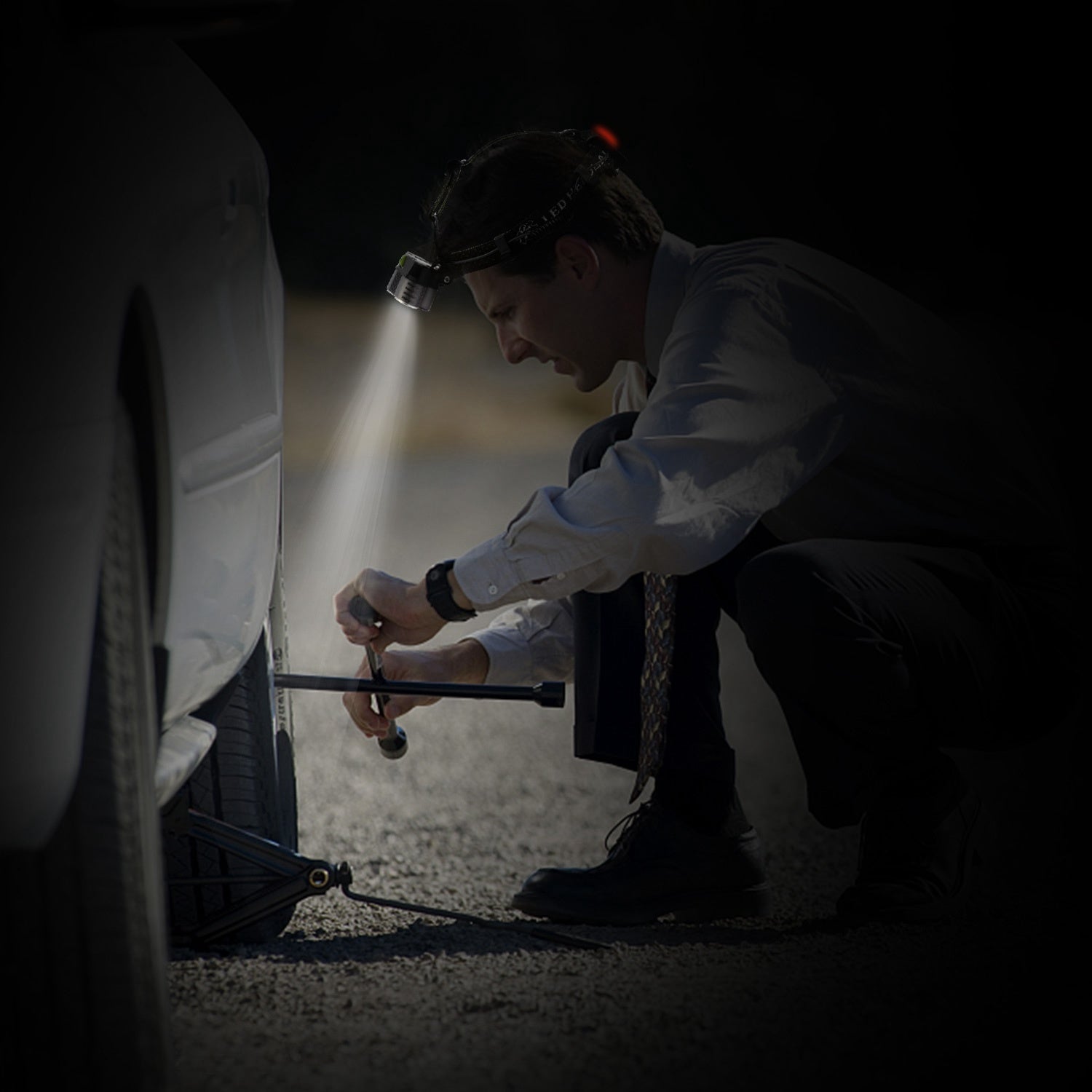 Rechargeable Headlamp 20000 Lumen LED Headlight 6 Modes Headlamp with adjustable straps, multiple lighting modes, and USB charging, displayed alongside batteries and icons highlighting its features. A background image shows a user wearing the headlamp outdoors.