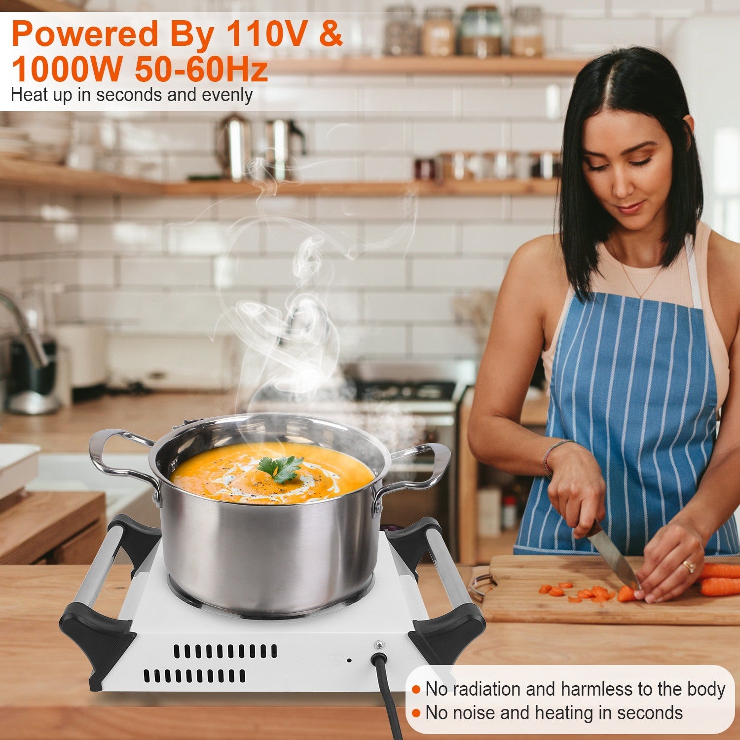 Sentence with Product Name: 1000W Electric Single Burner Portable Coil Heating Hot Plate Stove Countertop RV Hotplate with 5 Temperature Adjustments Portable Handles displayed with a man cooking on it in a kitchen setup.